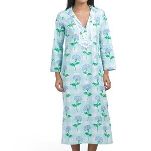 Sail to Sable Light Blue & Green Floral Cotton Caftan Small